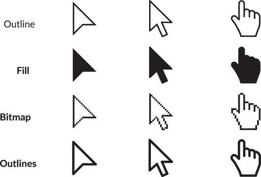 Collection of different computer mouse cursor pointers and hand icons with outlines fill and bitmap styles