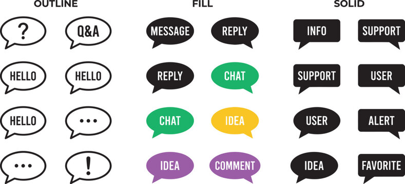 Collection of various conversational speech bubble icons with text labels for communication concepts