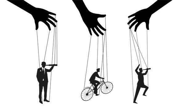 The puppet. A man-doll with manual controls on a white background, vector. Black and white image.	