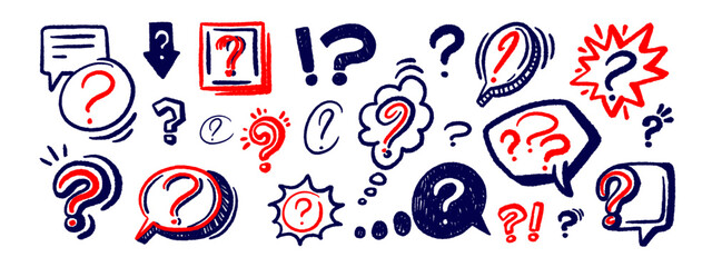 Obraz premium Hand drawn question mark in bold brush strokes, perfect for quiz design, FAQ section and doubt themed graphic with authentic doodle style and vibrant energy. Vector scribble collection