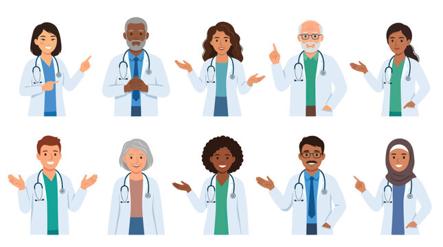Diverse doctors group, medical profession, flat design, healthcare concept