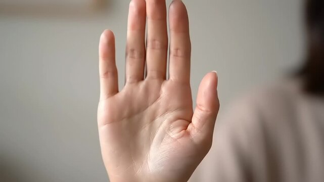 Woman shows her left palm forward.