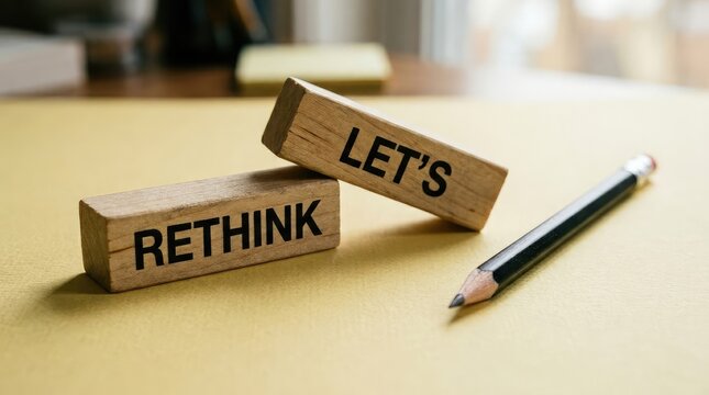 Wooden blocks spelling lets rethink alongside a pencil on a yellow surface