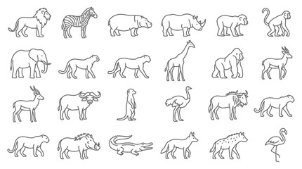 Fototapeta premium Diverse collection of safari wild animals line art silhouette icons set for nature wildlife projects