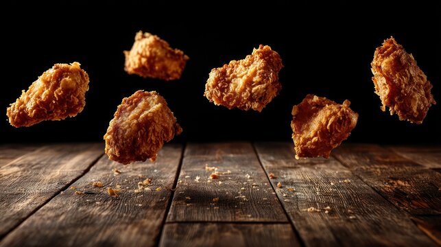 Fried chicken pieces levitating on a wooden table dark background