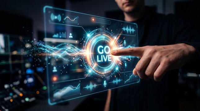 A hand pressing a virtual button that says Go Live, highlighting a modern digital interface with holographic elements