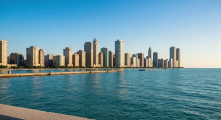 Fototapeta premium City skyline meets water, sunny day, featuring tall buildings and clear sky