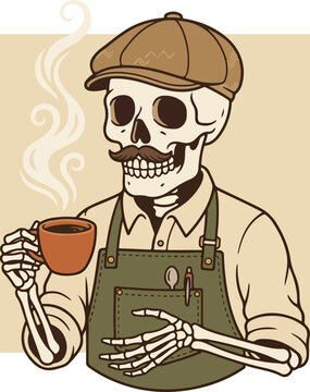 Illustration of a skeleton barista wearing a flat cap and apron holding a cup of hot coffee.