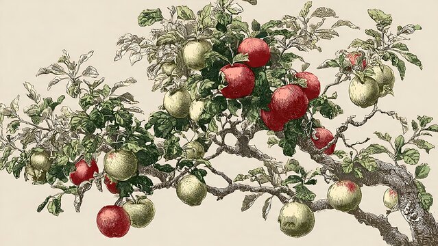 Vintage illustration of apple tree branches with numerous ripe red and green apples and detailed leaves.