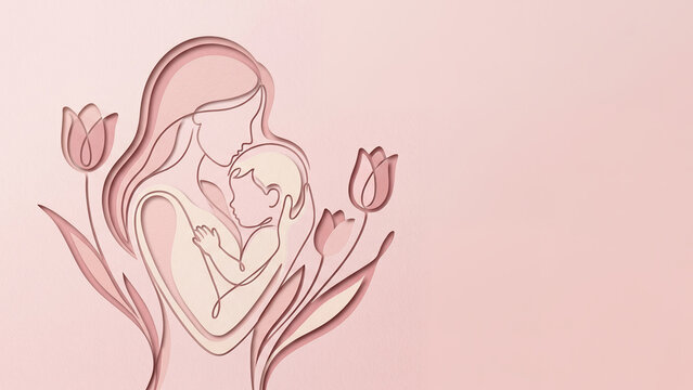 Abstract illustration of mother holding child with flowers for mother's day  