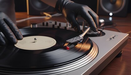 Obraz premium Photography of a professional dj in black gloves playing a disco track on a modern turntable with vinyl records for a retro music and analog entertainment concept
