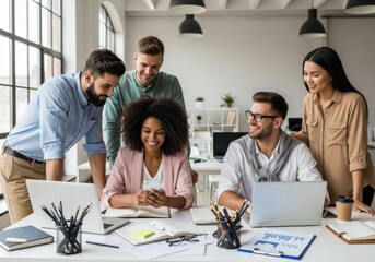 Fototapeta premium Diverse professional team collaborates on a project while gathered around a table in a bright modern office.
