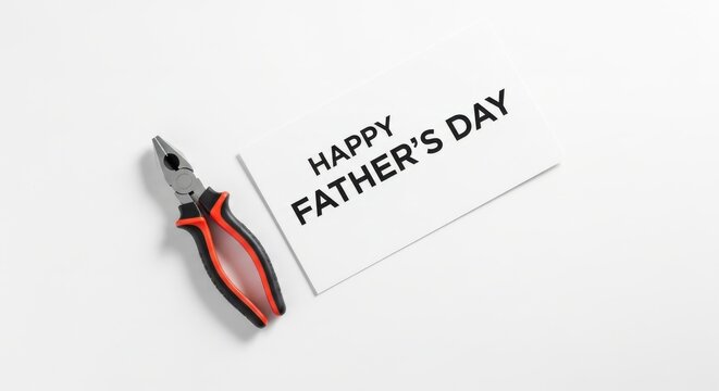 Happy Father's Day greeting card with pliers, minimalist holiday concept for handyman dad, flat lay of work tool and message on white background