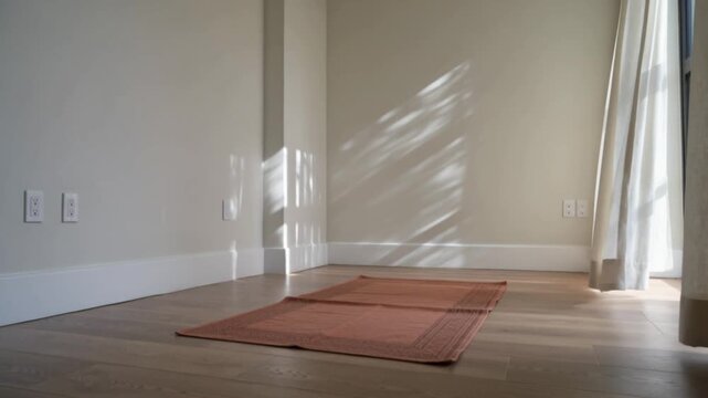 Peaceful minimalist prayer room with terracotta mat and soft sunlight through curtains