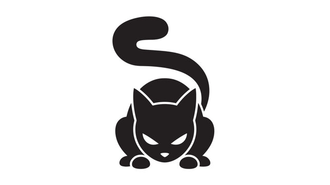 Cat villain silhouette icon with curved flame tail, angry eyes, and premium vector style for gaming branding featuring cartoon character, feline