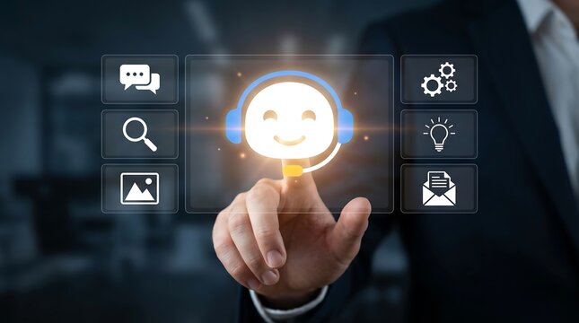 Business professional touching digital holographic interface displaying customer service assistance and support icons for improved client interaction and satisfaction