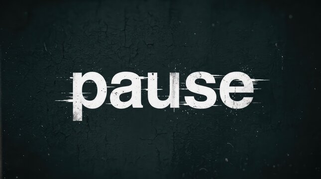 The word pause in distressed white text on a dark grunge textured background