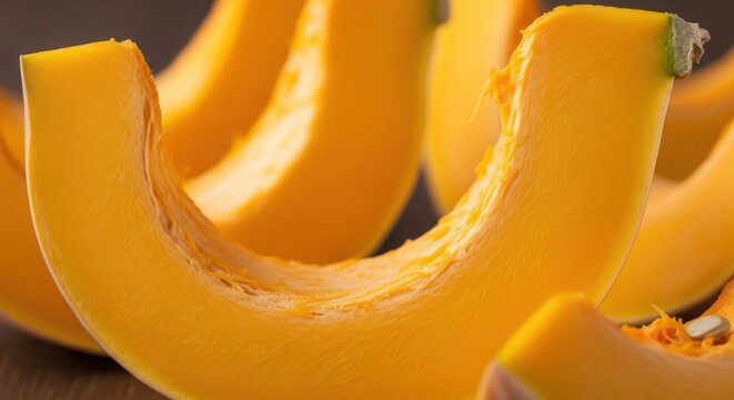 Macro close-up of fresh raw pumpkin slices showcasing vibrant orange flesh and fibrous texture with a shallow depth of field and soft lighting on a dark wooden surface.