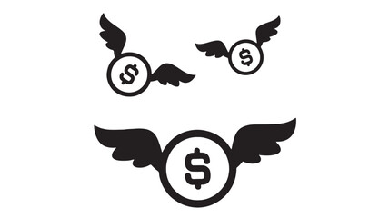 Dollar coin wings icon set with black bold illustration lines for premium finance marketing and investment concepts featuring money symbol, currency © TAIFUR