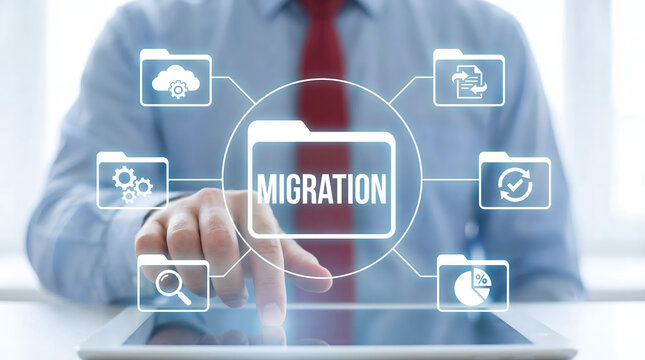 Businessman uses a tablet to manage data migration with cloud computing and file icons