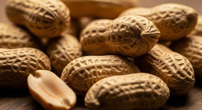 Macro close-up of whole unshelled peanuts with textured hulls and a single halved peanut kernel in the foreground on a wooden surface with warm golden lighting and bokeh background.