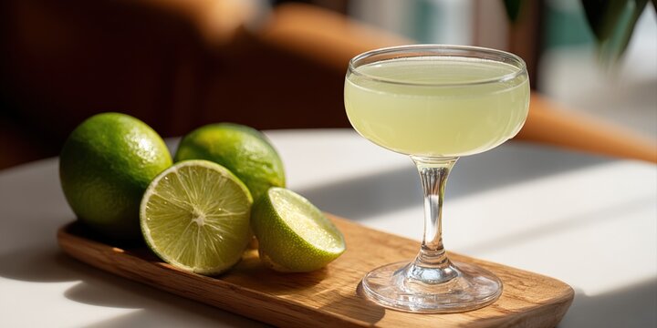 Refreshing Gin Gimlet Cocktail with Fresh Limes on a Wooden Board, Sunny Afternoon Light