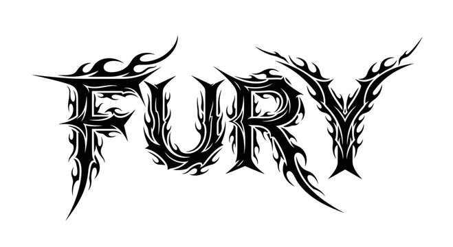Fury word art in black and white with flame like elements.
