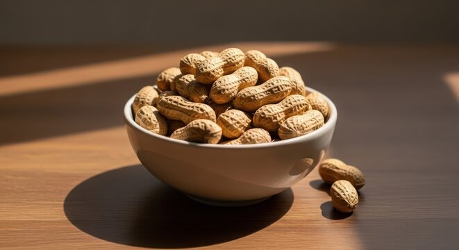 A heap of whole raw unshelled peanuts in a white ceramic bowl placed on a dark wooden table with natural sunlight and harsh shadows casting across the scene.