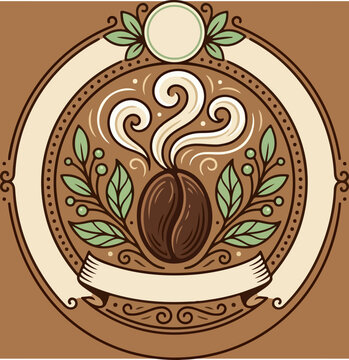 Vintage Coffee Bean Emblem with Decorative Leaves and Banner.