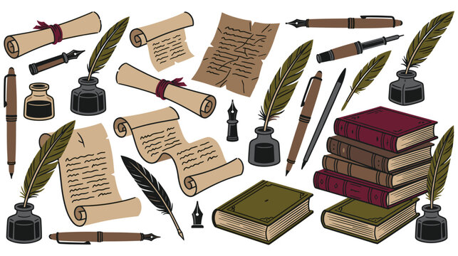 Vintage writing tools quill pens inkwells scrolls and books for creative writing.