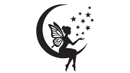 Fairy moon silhouette with black crescent shape, flying wings, and twinkling star icons in magical night style featuring stars, twinkle, magic with © TAIFUR