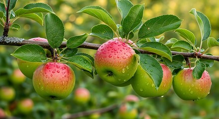 Obraz premium Fresh apples on a tree branch water droplets natural orchard background sunlight soft focus.