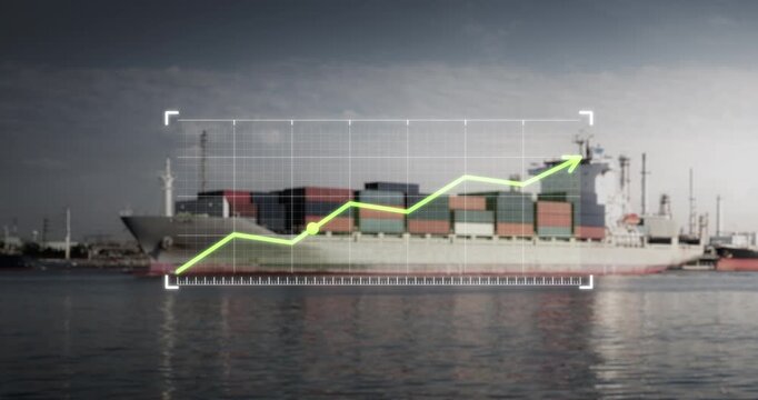 Cargo ship sails across open water with industrial plant and sky in background. Rising growth chart with green arrow overlays scene, symbolizing economic expansion and increasing global trade.