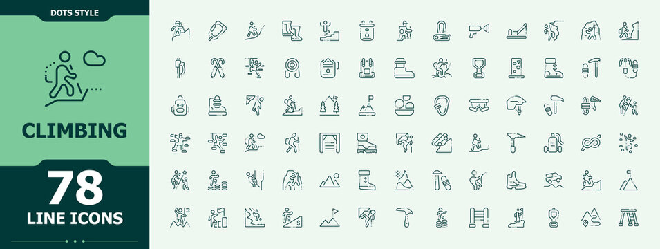 Climbing icon set. Adventure trendy minimal icons. Modern vector illustration. Climb line icon set. Editable stroke vector art.