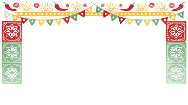 Mexican fiesta archway decoration with papel picado and chili peppers fiesta party decoration elements party decor celebration traditional illustration entrance carnival festival template