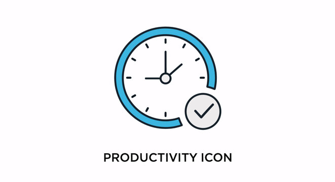 Simple blue clock icon with checkmark symbolizing productivity, efficiency, and time management on a white background