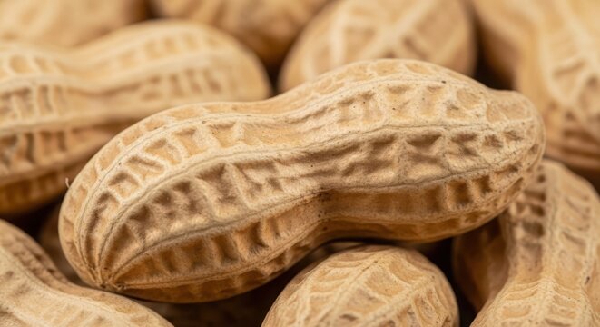 Macro close-up of whole unshelled peanuts showing the textured, ridged pattern of the brown pods in a pile with a shallow depth of field focusing on a single central peanut shell.