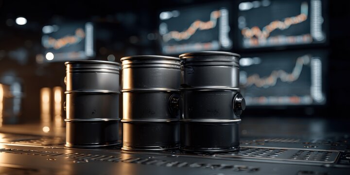 Three black oil barrels with stock market charts in the background representing energy market fluctuations and commodities trading