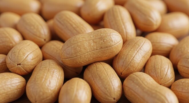 Close-up macro view of smooth roasted peanuts in their shells with detailed light brown texture and longitudinal lines, arranged in a dense pile for food background concepts.