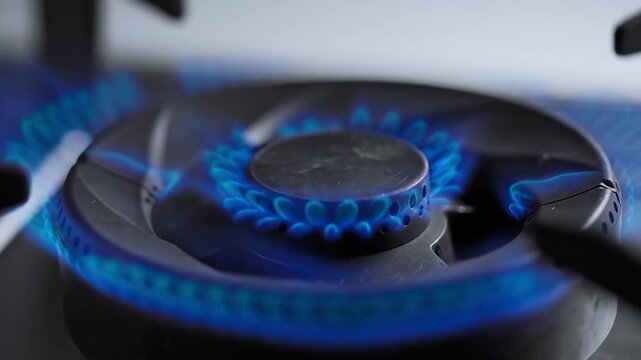 Macro close up of home kitchen gas stove burner igniting with bright blue flames, natural gas energy heating power cooking equipment