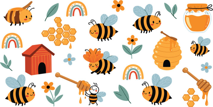 Cute bees and honey elements pattern with hive jar honeycomb flowers and dipper playful beekeeping seamless vector illustration