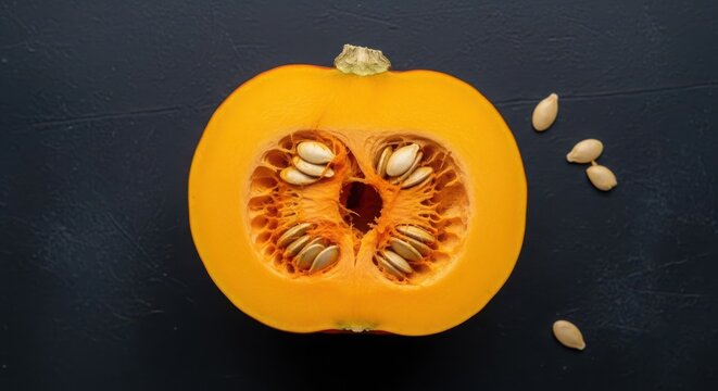 Overhead flat lay of a fresh orange pumpkin cut in half showing internal seeds and pulp on a dark textured background, seasonal autumn harvest and healthy cooking ingredient concept.