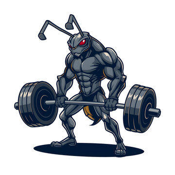 Strong Fitness Ant Mascot Lifting Weights Cartoon Vector