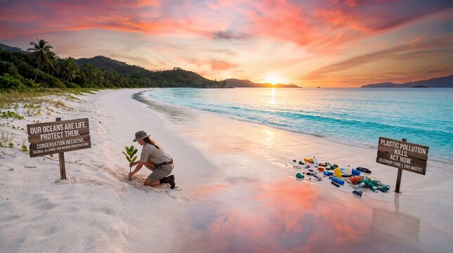 Person picking up trash on a beach at sunset