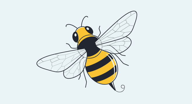 Cute cartoon bee flying, illustration, isolated on light blue background