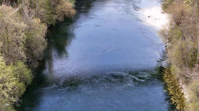 Aerial View of the Traun River Flowing Through Forest in Gmunden Austria