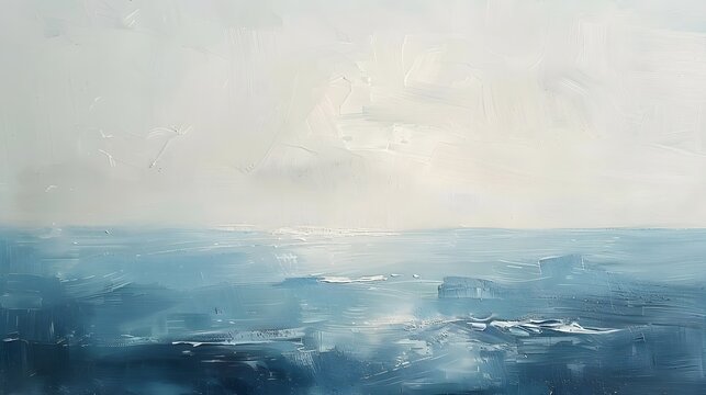 Soft brushstrokes create an ethereal seascape painting with muted blue and white tones.