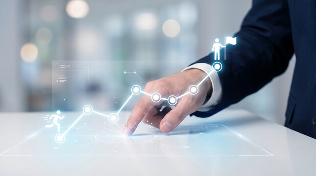 Professional businessman interacting with digital business growth chart dashboard interface to visualize progress and strategic success metrics in modern office environment for corporate analytics