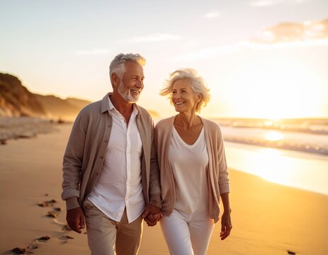 Pareja senior caminando por la playa al atardecer, sonriendo y disfrutando juntos de la paz de la jubilaci&oacute;n, estilo de vida saludable, amor maduro y bienestar emocional
