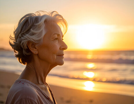 Mujer mayor mirando el atardecer en la playa, concepto de calma, reflexi&oacute;n y paso del tiempo para marcas de salud, bienestar, seguros y jubilaci&oacute;n